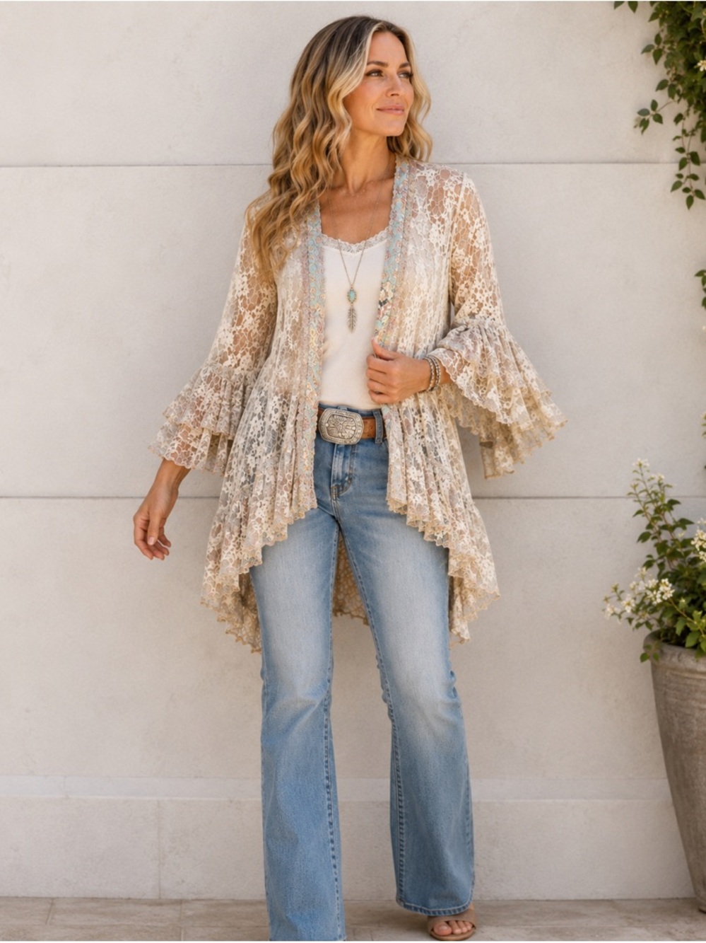 Origami Kimono Cardigan L Beige Lace Hi Low Boho Open Front Ruffle Sheer - Picture 1 of 16
